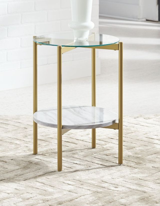 Signature Design by Ashley® Wynora Glass Top Round End Table with Gold Legs and Marble Shelf -2