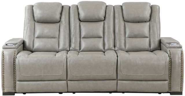 New Classic® Home Furnishings Breckenridge Light Gray Leather Sofa with Power Headrest and Footrest-1