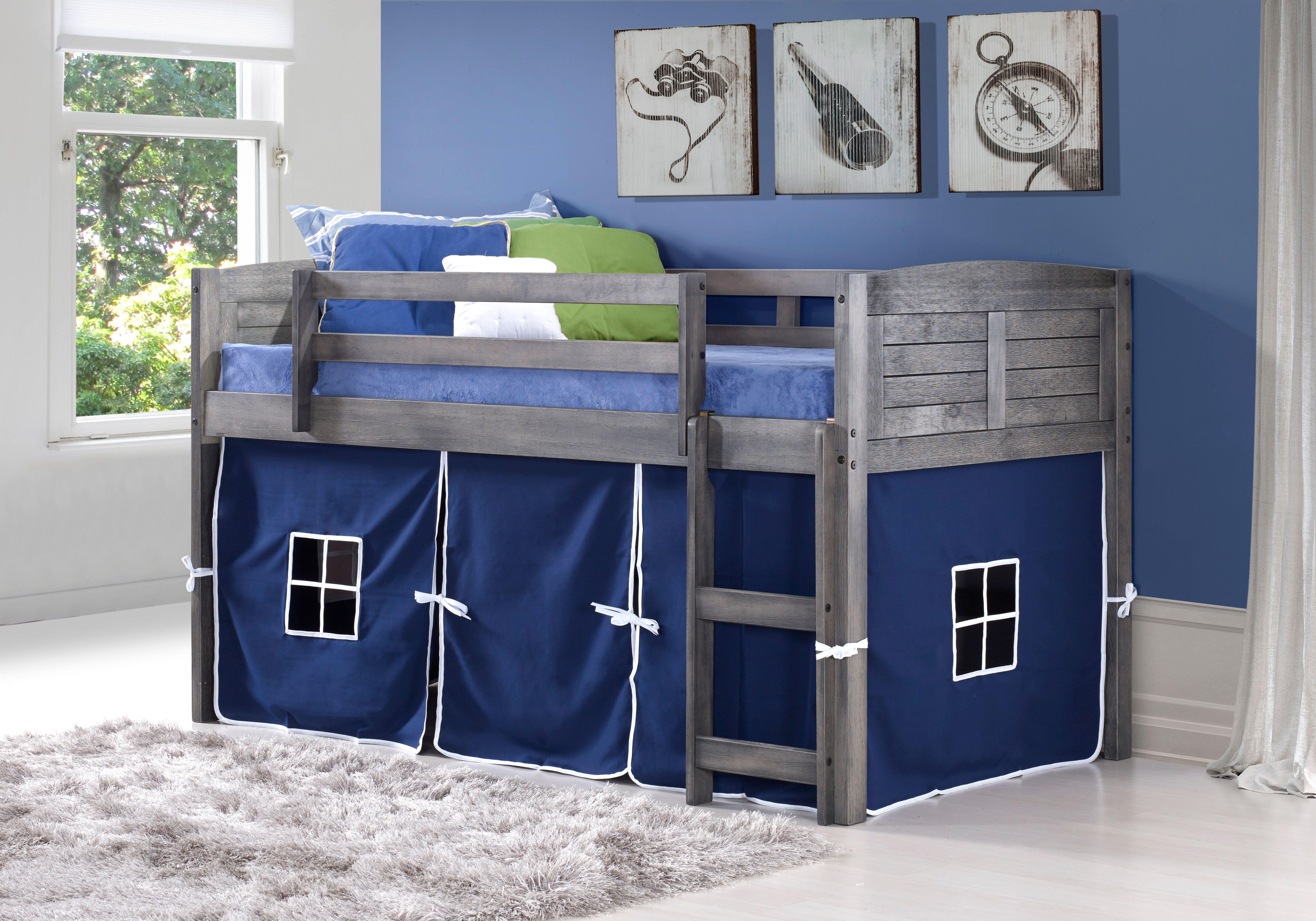 Donco Kids Louver Antique Grey Twin Low Loft Bed with Blue Tent