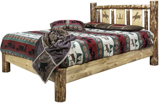 Montana Woodworks® Glacier Country Stained and Lacquered King Platform Bed with Laser Engraved Bronc Design-3