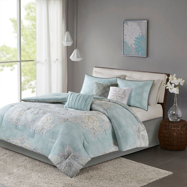 Olliix by Madison Park 7 Piece Seafoam Queen Lucinda Reversible Cotton Sateen Comforter Set-1