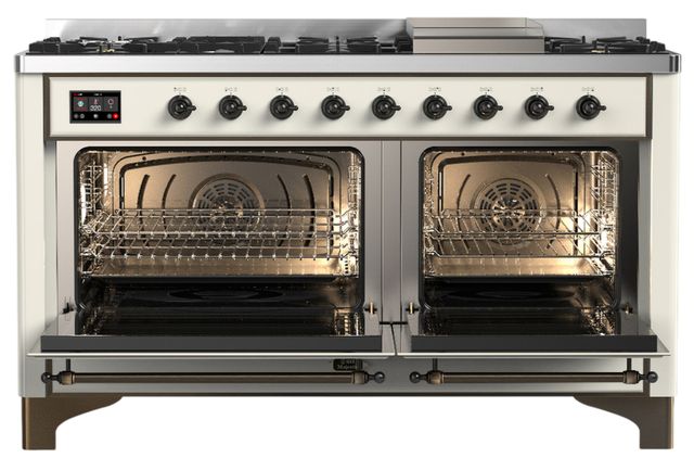 Ilve® Majestic III 60" Antique White Pro Style Dual Fuel Natural Gas Range with Triple Glass Door and Burnished Trim-1
