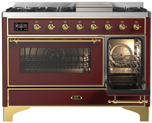 Ilve® Majestic III 48" Burgundy Pro Style Dual Fuel Natural Gas Range with Triple Glass Door and Brass Trim-3