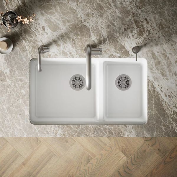 KOHLER® Riverby® White 33" Undermount Double-Bowl Kitchen Sink-2