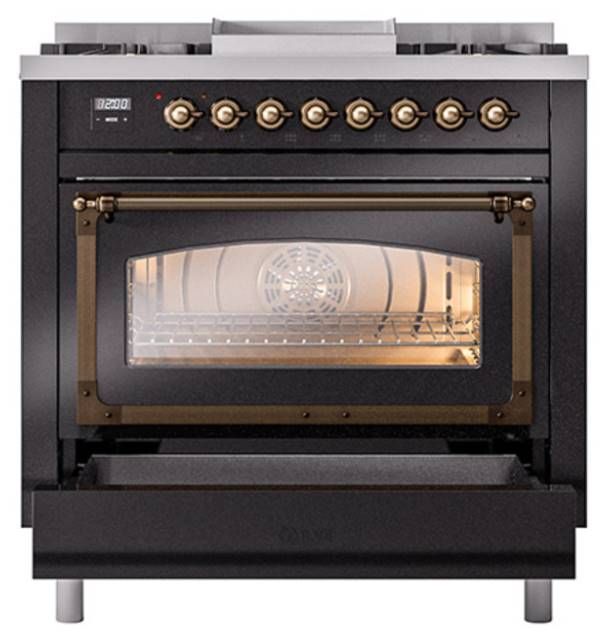 Ilve® Nostalgie II Noblesse 36'' Glossy Black Pro Style Dual Fuel Range with Burnished Trim-3