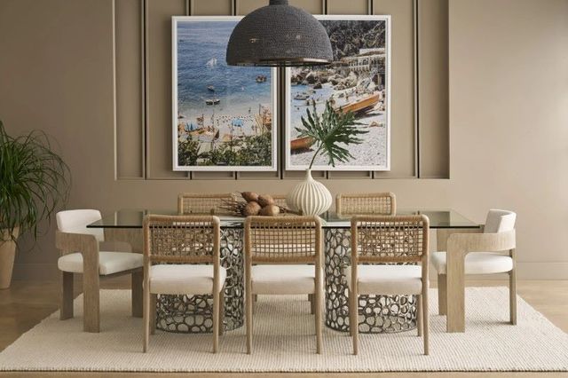 Universal Explore Home™ Oasis Coastal Living Home Glass Top Rectangular Dining Table with Antique Nickel Base-1