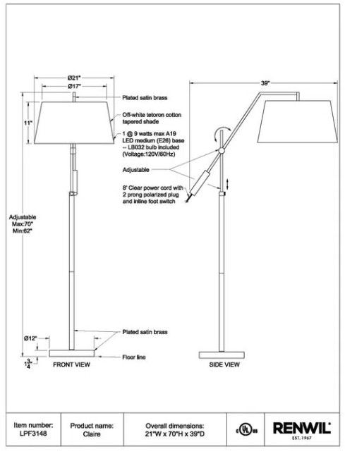 Renwil® Claire Satin Brass Floor Lamp-3