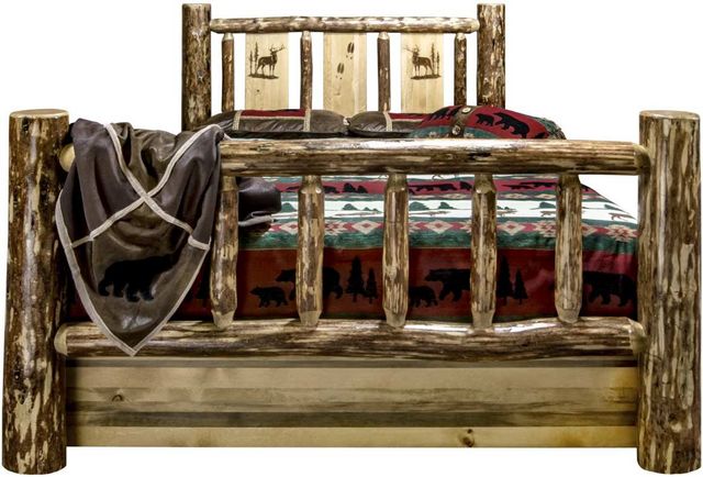Montana Woodworks® Glacier Country Stain & Clear Lacquer California King Storage Bed with Laser Engraved Elk Design-1