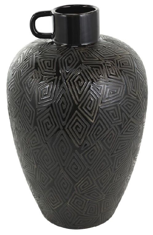 Deco Marche Black Ceramic Vase with Geometric Etching and Handle-2