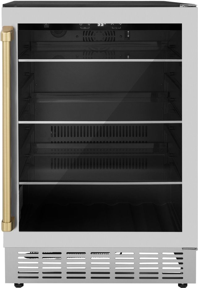 ZLINE Autograph Edition Monument 24" 4.5 Cu. Ft. Stainless Steel Freestanding Beverage Fridge with Champagne Bronze Accents-0
