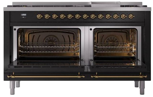 Ilve® Nostalgie II Noblesse 60'' Glossy Black Pro Style Dual Fuel Range with Brass Trim-2