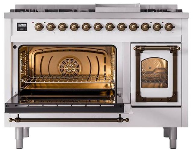 Ilve® Nostalgie II Noblesse 48'' White Pro Style Dual Fuel Range with Burnished Trim-3