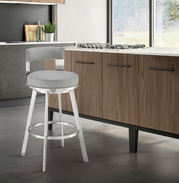Armen Living Flynn Brushed Stainless Steel/Light Gray 30'' Bar Stool-1