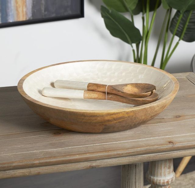 Deco Marche 3-Piece Brown/Cream Mango Wood Handmade Decorative Bowl with Utensils Set-4
