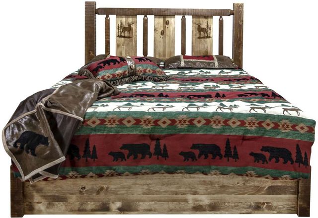 Montana Woodworks® Homestead Stain & Clear Lacquer Twin Platform Storage Bed with Laser Engraved Elk Design-1