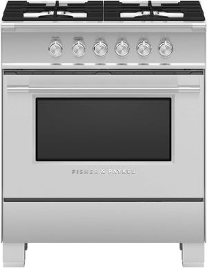 front view of the Fisher & Paykel 30" Brushed Stainless Steel with Black Glass Freestanding Natural Gas Range