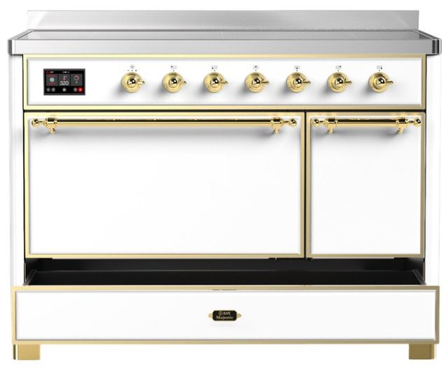Ilve® Majestic III 48" White Pro Style Induction Range with Solid Door and Brass Trim-2