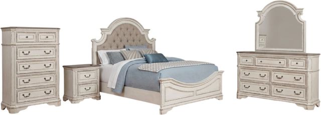 Liberty Furniture Magnolia Manor 5-Piece Antique White/Gray/Weathered Bark Queen Upholstered Panel Bedroom Set-0