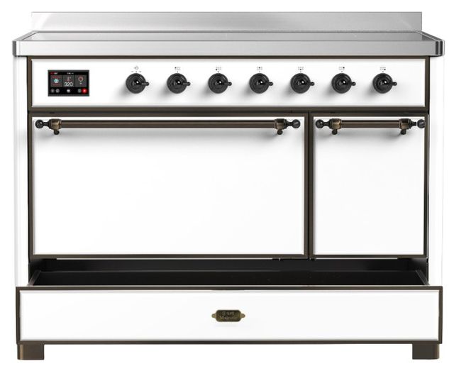 Ilve® Majestic III 48" White Pro Style Induction Range with Solid Door and Burnished Trim-2