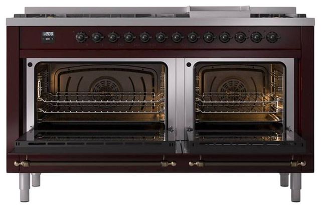 Ilve® Nostalgie II Noblesse 60'' Burgundy Pro Style Dual Fuel Range with Burnished Trim-2