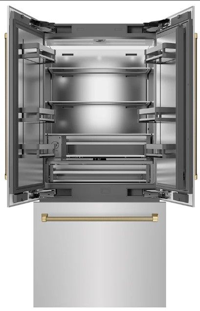 ZLINE Autograph Edition 36 " 19.6 Cu. Ft. Stainless Steel Interior and Polished Gold Helix Handles French Door Built-In Bottom Freezer Refrigerator with Water Dispenser and Ice Maker-1