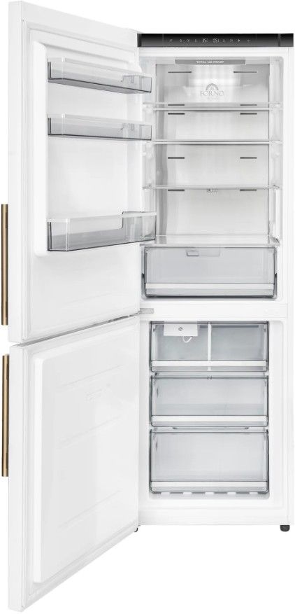 Forno Custodia 24” 10.3 Cu. Ft. White Counter Depth Bottom Freezer Refrigerator with Ice Maker and Antique Brass Handle-1