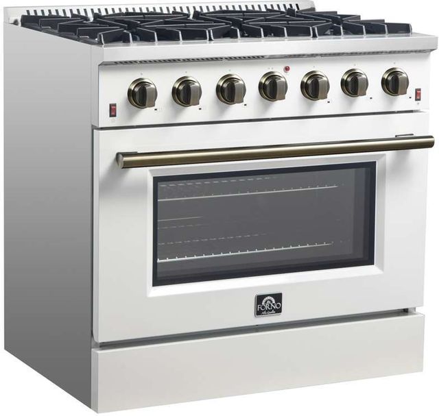 FORNO® Galiano 36" Stainless Steel Pro Style Gas Range with White Door and Antique Brass Accents-1