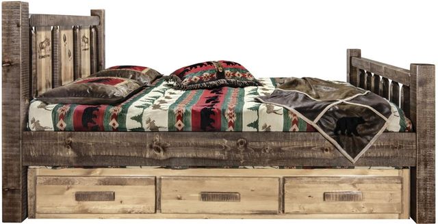Montana Woodworks® Homestead Stain & Clear Lacquer Queen Storage Bed with Laser Engraved Moose Design-2
