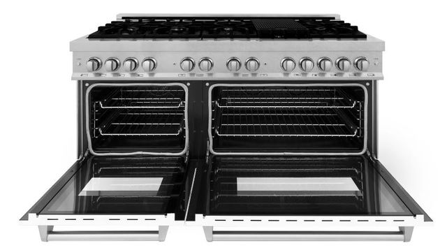 ZLINE 60" Satin Stainless Steel Pro Style Dual Fuel Range with White Matte Door-1