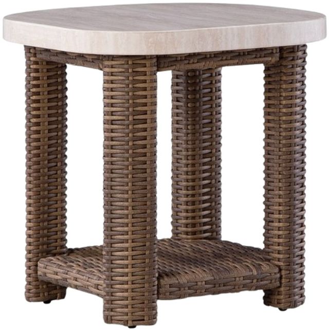 Signature Design by Ashley® Dolan Creek Beige Aluminum Outdoor End Table with Brown Base-0