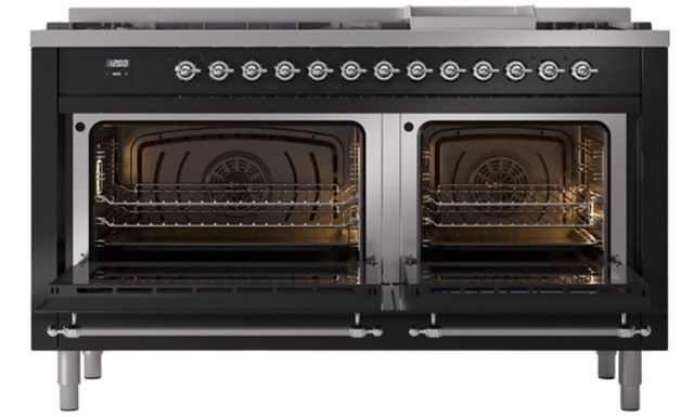 Ilve® Nostalgie II Noblesse 60'' Glossy Black Pro Style Dual Fuel Range with Chrome Trim-1