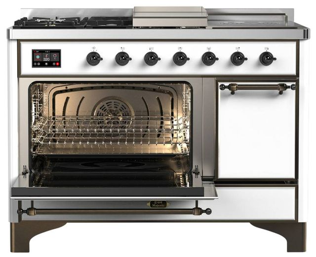 Ilve® Majestic III 48" White Pro Style Dual Fuel Liquid Propane Range with Solid Door and Burnished Trim-3
