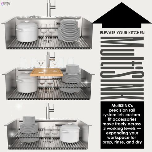Forno Acqua MultiSINK Stainless Steel Dual Mount 3-Level Workstation Sink with Faucet, Waterfall and Glass Rinser-4