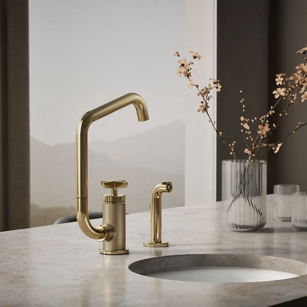 KOHLER® Billet® Vibrant French Gold Single Cross-Handle Bar Sink Faucet with 2-Function Extended-Reach Spout and Side Sprayer-1