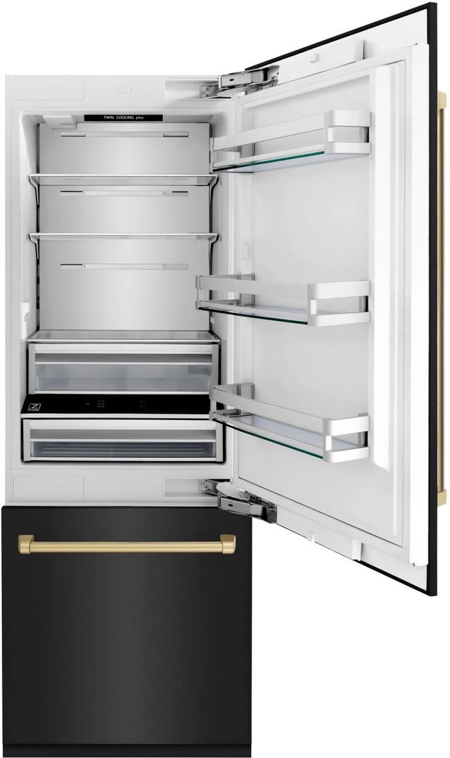 ZLINE Autograph Edition 30" 16.1 Cu. Ft. Black Stainless Steel Built-In Bottom Freezer Refrigerator with Polished Gold Accent and Bright White Interior-1