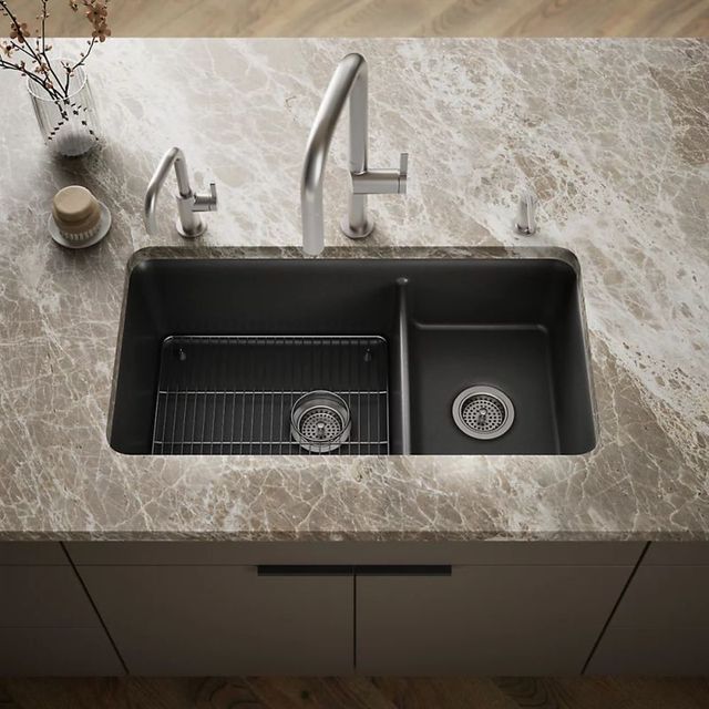 KOHLER® Cairn® Matte Graphite 34" Undermount Double Offset Bowl Kitchen Sink-1