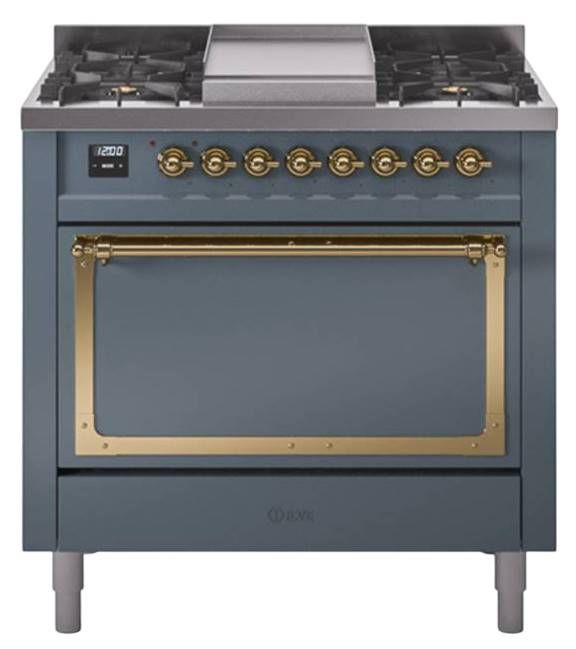 Ilve® Nostalgie II Noblesse 36'' Blue Gray Pro Style Dual Fuel Range with Brass Trim-0