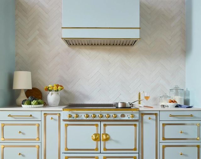 La Cornue CornuFé Loge 44" Roquefort Wall Mounted Range Hood with Polished Brass Trim-1