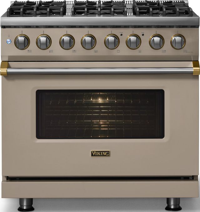 Viking® 5 Series 36" Nantucket Pro Style Dual Fuel (NG) Range with Brushed Brass Trim-2