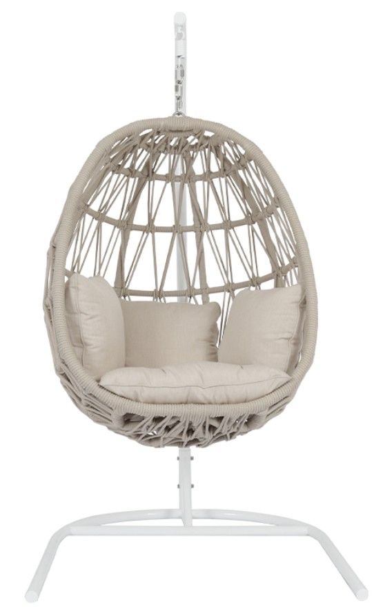 Sunset West Dana Natural Linen Aluminum/Olefin Rope Outdoor Hanging Chair with Linen Canvas Cushion-1