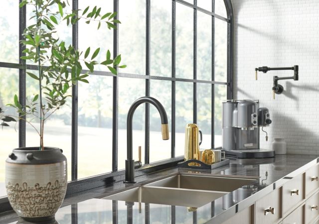 Brizo Litze® Brilliance® Luxe Gold®/Matte Black Wall Mount Pot Filler with Knurled Handle Kit-1
