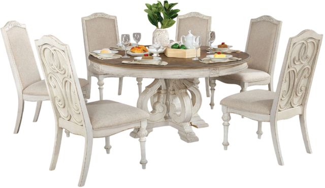 Furniture of America® Arcadia 7-Piece Antique White Round Dining Table Set with Brown Top -0