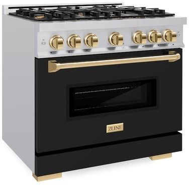 ZLINE Classic Series Autograph Edition 36" Stainless Steel Pro Style Dual Fuel Range with Black Matte Door and Polished Gold Accents-2
