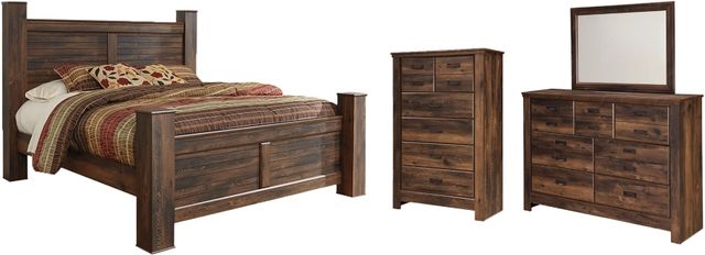 Signature Design by Ashley® Quinden 4-Piece Dark Brown King Poster Bed with Mirrored Dresser and Chest Set-0