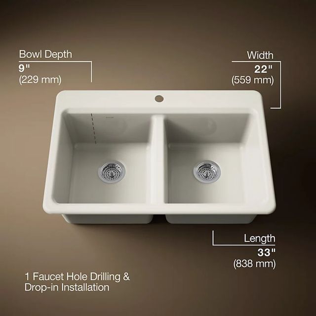 KOHLER® Riverby® Biscuit 33" 1-Faucet Hole Top-Mount Double Equal-Bowl Workstation Kitchen Sink-3