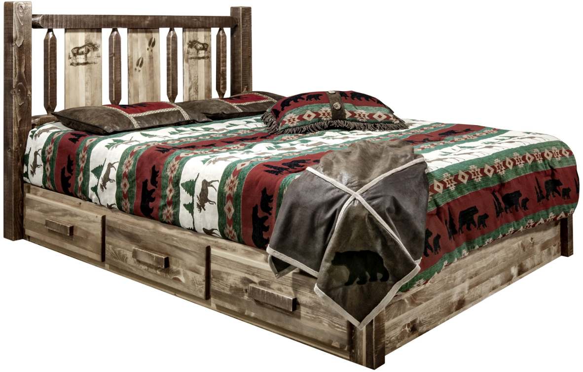 Montana Woodworks® Homestead Stain & Clear Lacquer California King Platform Storage Bed with Laser Engraved Moose Design
