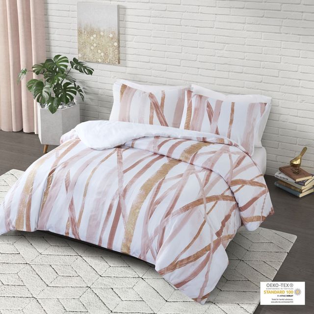 Olliix by CosmoLiving Jorja Cotton Metallic Printed Blush and Gold Full/Queen Comforter Set-0
