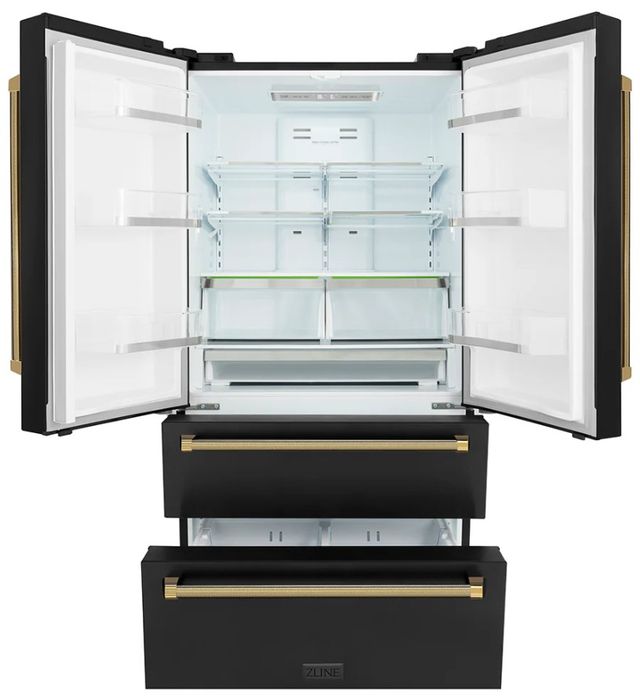 ZLINE Autograph Edition 36" 22.5 Cu. Ft. Fingerprint-Resistant Black Stainless Steel Counter Depth French Door Refrigerator with Polished Gold Helix Handles-1