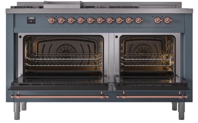 Ilve® Nostalgie II Noblesse 60'' Blue Gray Pro Style Dual Fuel Range with Copper Trim-2