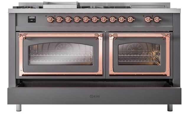 Ilve® Nostalgie II Noblesse 60'' Graphite Matte Pro Style Dual Fuel Range with Copper Trim-3
